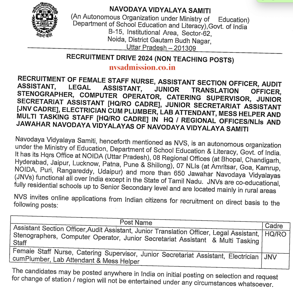 Vacancy Nvs Recruitment Non Teaching Posts