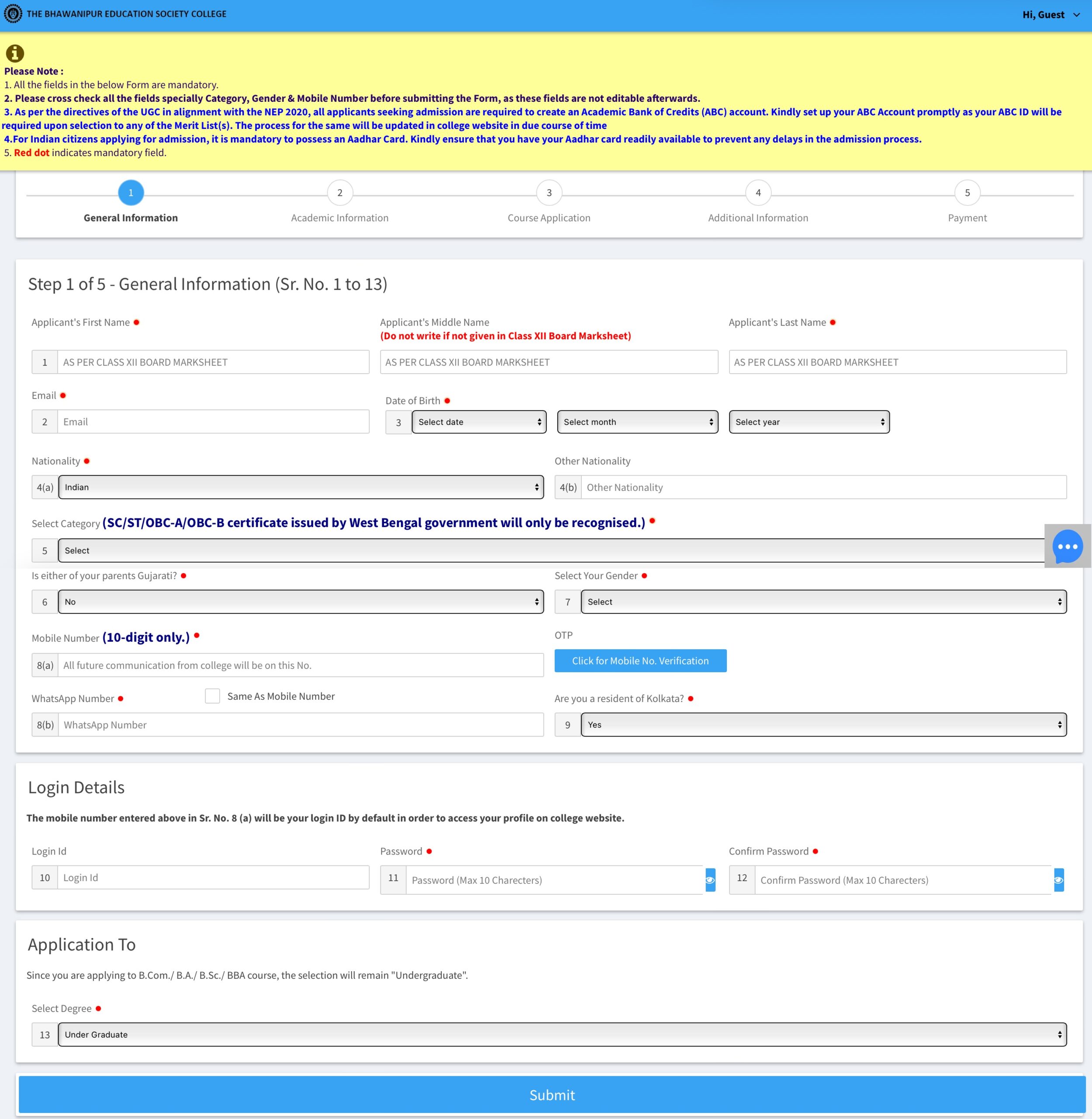 Bhawanipur College Admission Form